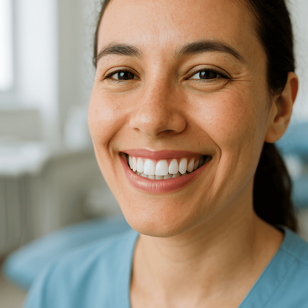 Paciente con sonrisa luminosa tras blanqueamiento, en clínica