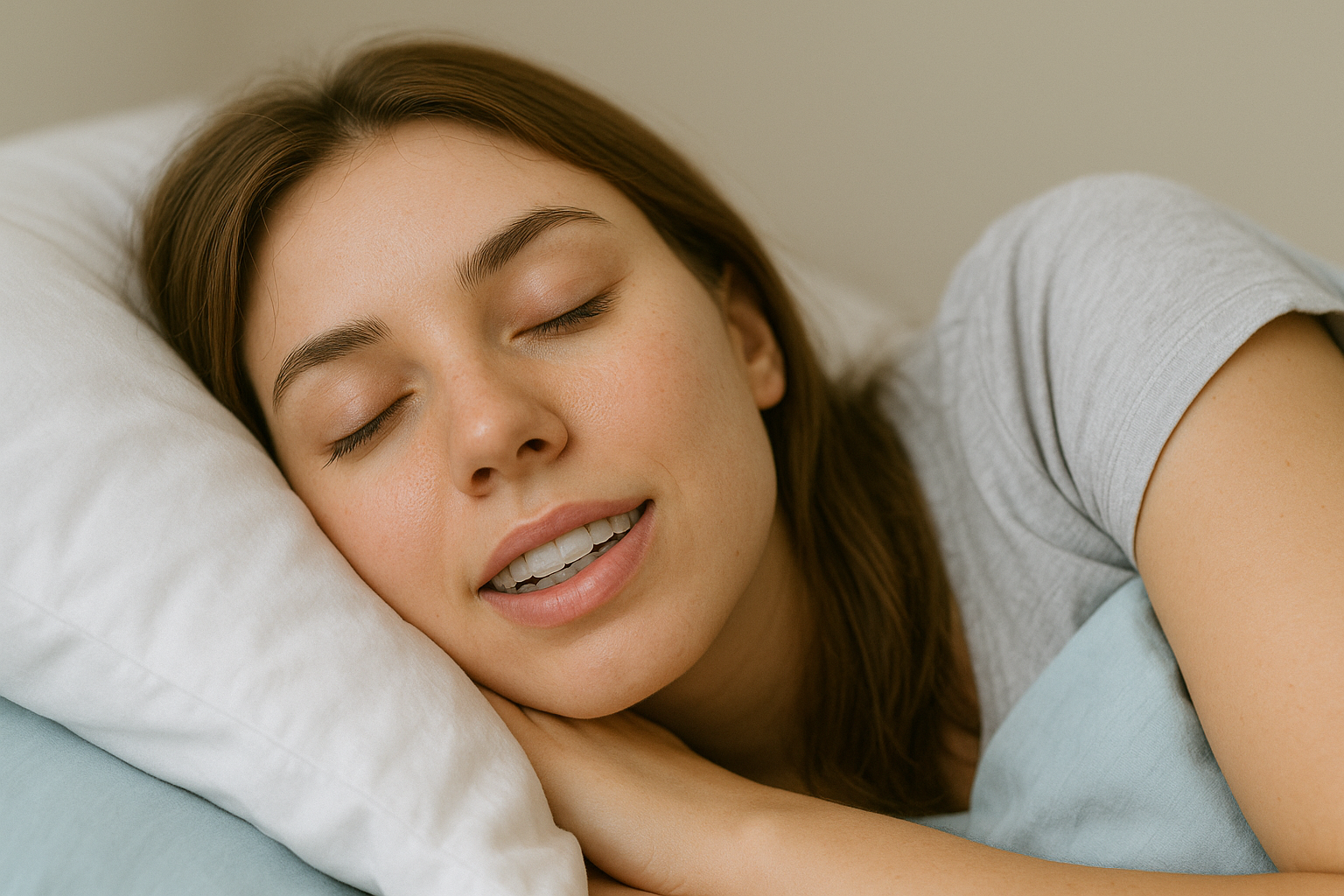 Mujer durmiendo con férula dental para bruxismo nocturno